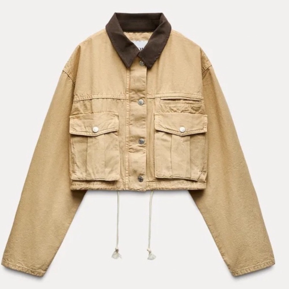 Zara NWT Cropped Utility Jacket Tan Brown Contrast Collar Cargo Size S